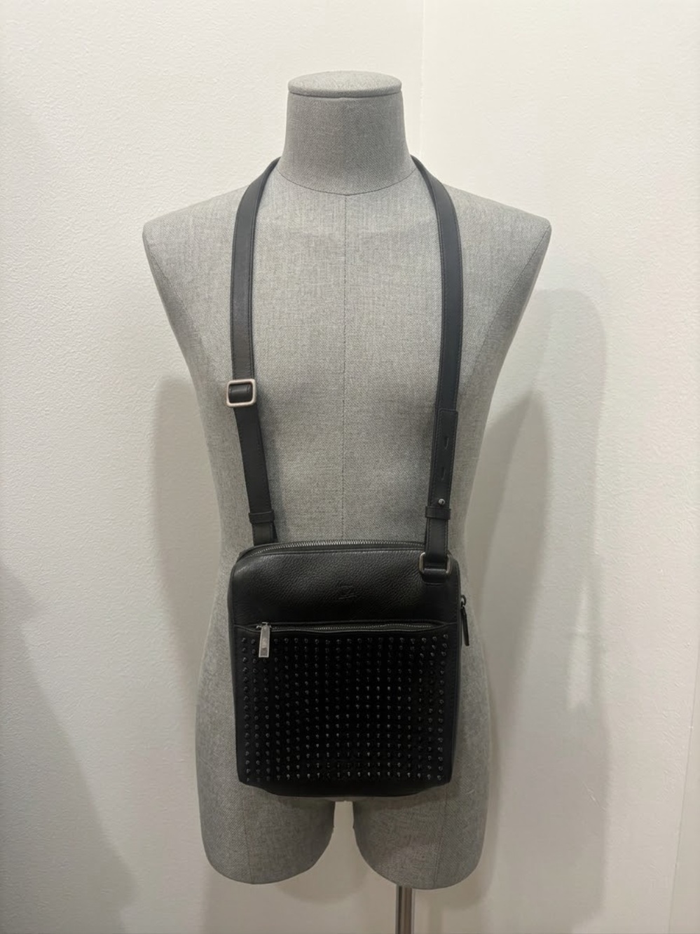 Unisex Black Studded Leather Crossbody Bag